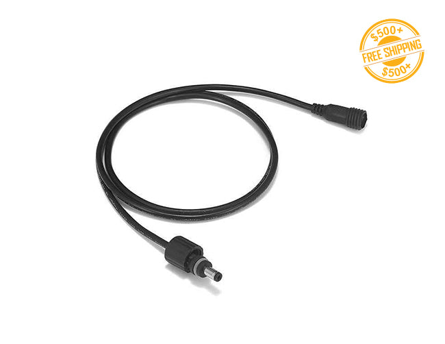 Top view of DC Plug Waterproof Extension Cable 48" black color. A label of free shipping for orders over $500 is shown as well.