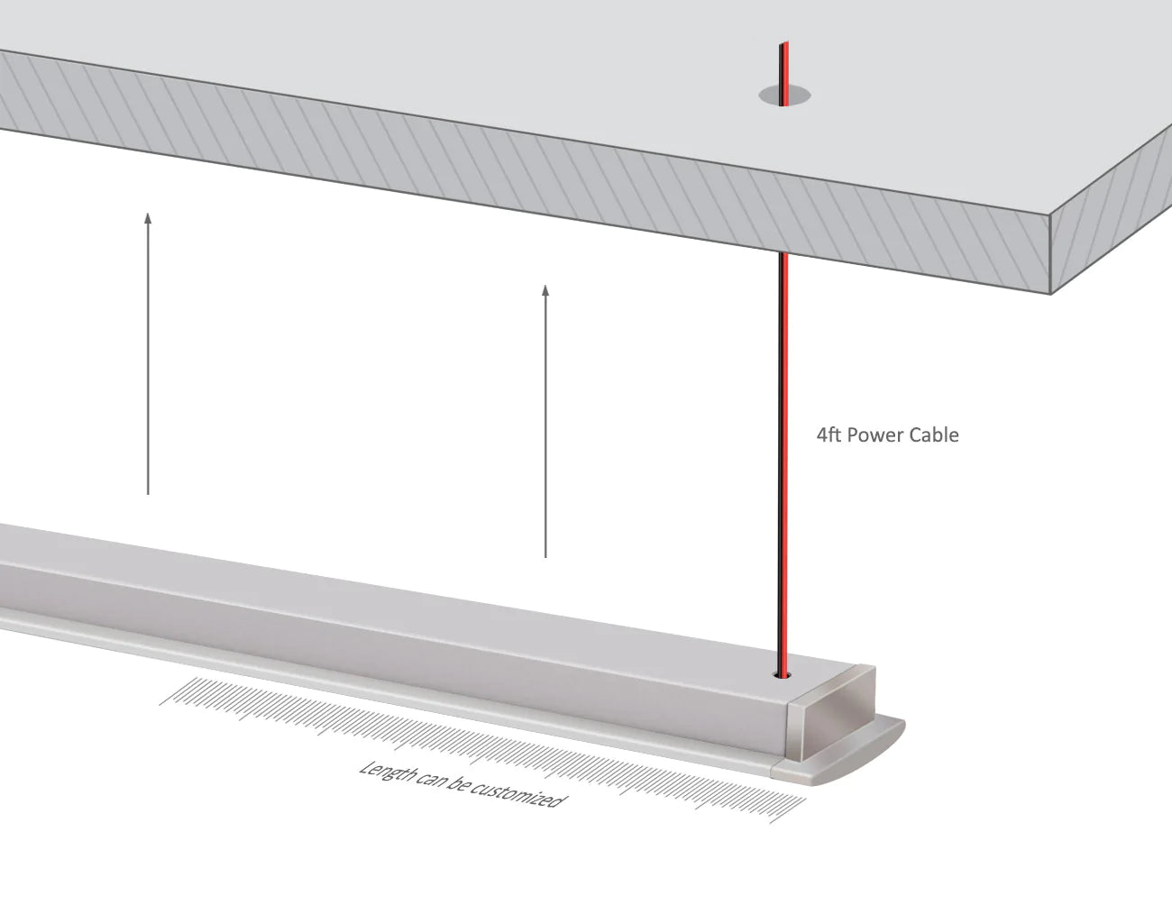 Undercabinet lights can be installed using metal clips that are fixed under cabinet surfaces by screws. 4ft long power lead of the undercabinet light comes out from back through both the aluminum channel and the cabinet bottom.