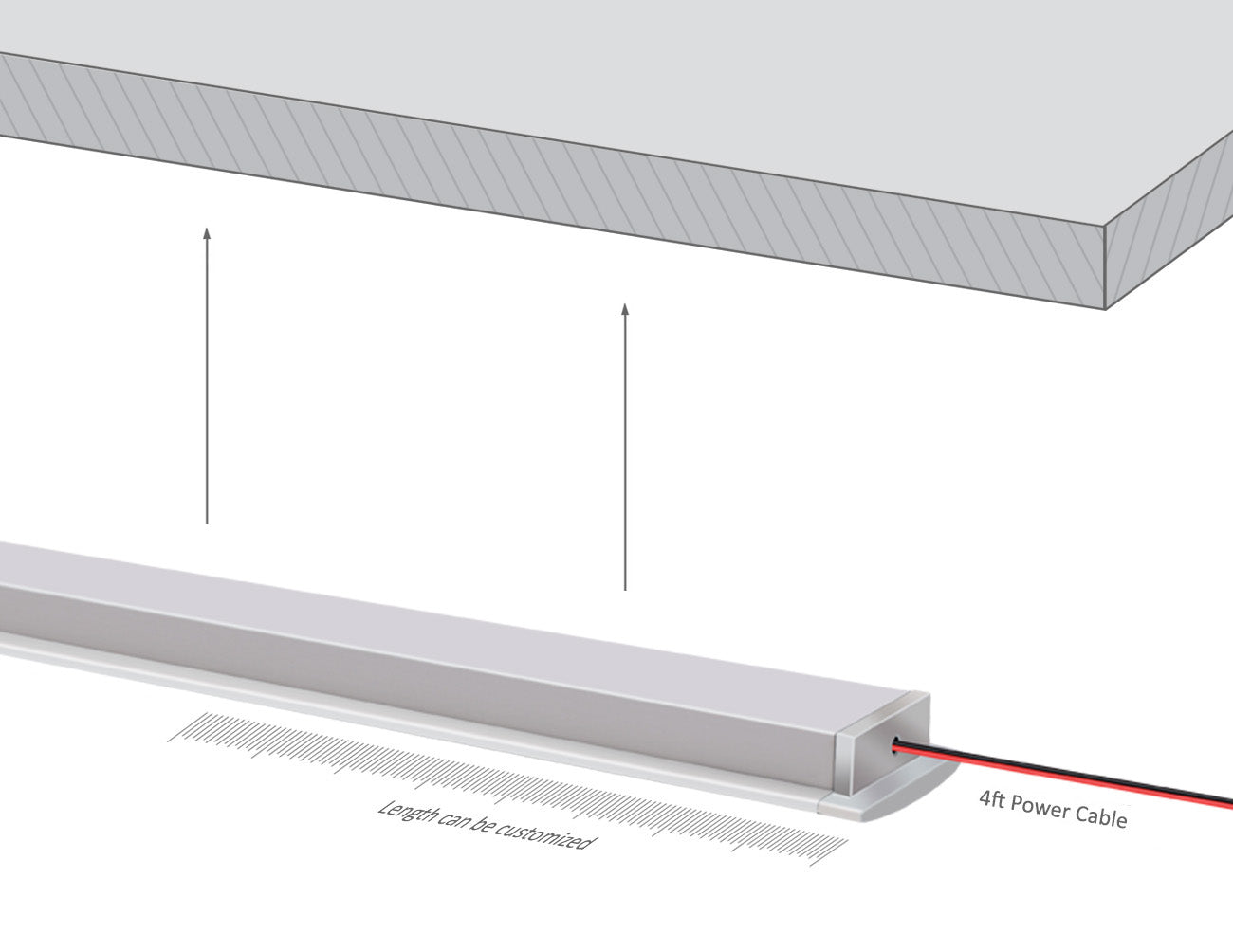 Undercabinet lights can be installed using metal clips that are fixed under cabinet surfaces by screws. 4ft long power lead of the undercabinet light comes out from rear through end caps.