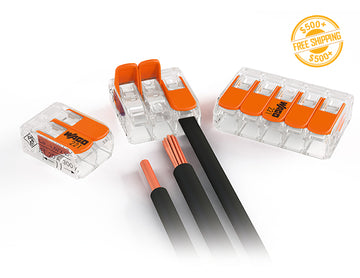 Top view of various WAGO Compact Splicing Connectors; a label of free shipping for orders over $500 is shown as well.