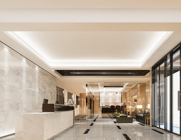 LED WINT Side Bend neon lights are used in an aluminum channel to create a unique lighting design for a hotel lobby.