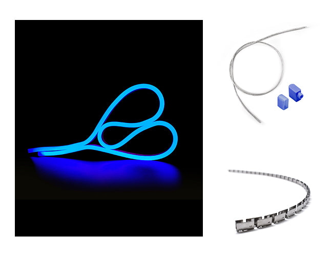 LED Side Bend Neon Light WINT - single color for Wet Location blue jacket 24V, with a bendable bracket and a bottom power feed kit by the side.