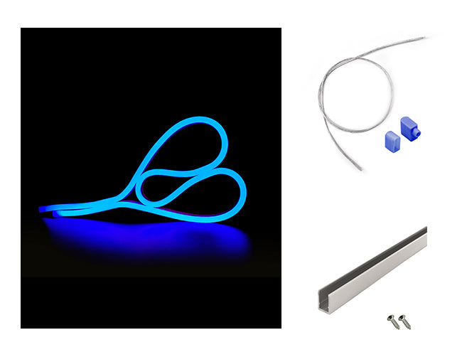 LED Side Bend Neon Light WINT - single color for Wet Location blue jacket 24V, with a mounting channel and a bottom power feed kit by the side.