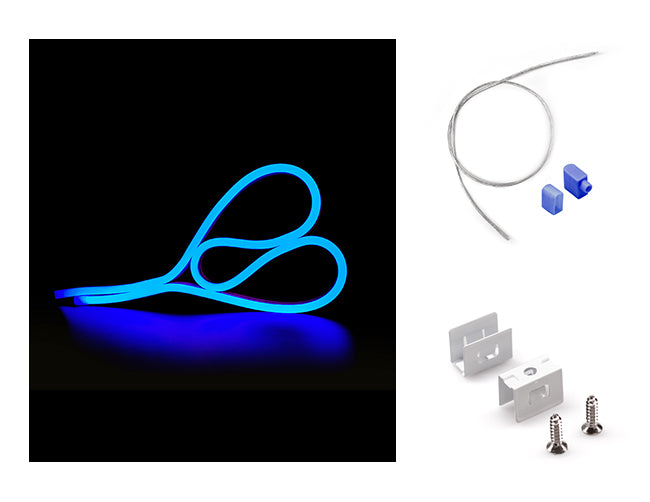 LED Side Bend Neon Light WINT - single color for Wet Location blue jacket 24V, with mounting clips and a bottom power feed kit by the side.