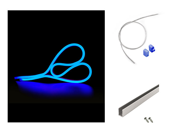 LED Side Bend Neon Light WINT - single color for Wet Location blue jacket 24V, with a mounting channel and a rear power feed kit by the side.