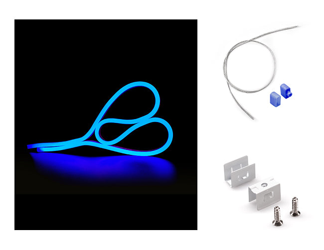 LED Side Bend Neon Light WINT - single color for Wet Location blue jacket 24V, with mounting clips and a rear power feed kit by the side.