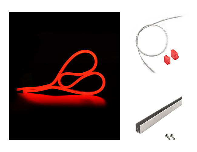 LED Side Bend Neon Light WINT - single color for Wet Location red jacket 24V, with a mounting channel and a bottom power feed kit by the side.