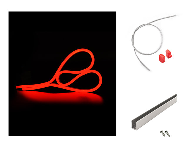 LED Side Bend Neon Light WINT - single color for Wet Location red jacket 24V, with a mounting channel and a rear power feed kit by the side.