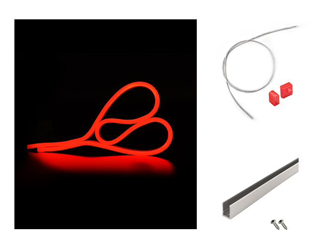 LED Side Bend Neon Light WINT - single color for Wet Location red jacket 24V, with a mounting channel and a side power feed kit by the side.