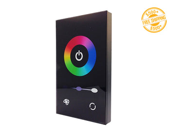 Front view of a black color SIM Wall Mount RGB Controller 1 Zone; a label of free shipping for orders over $500 is shown as well.