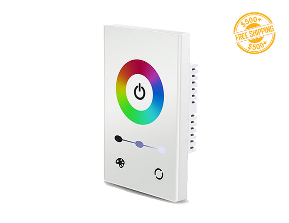 Front view of a white color SIM Wall Mount RGB Controller 1 Zone; a label of free shipping for orders over $500 is shown as well.