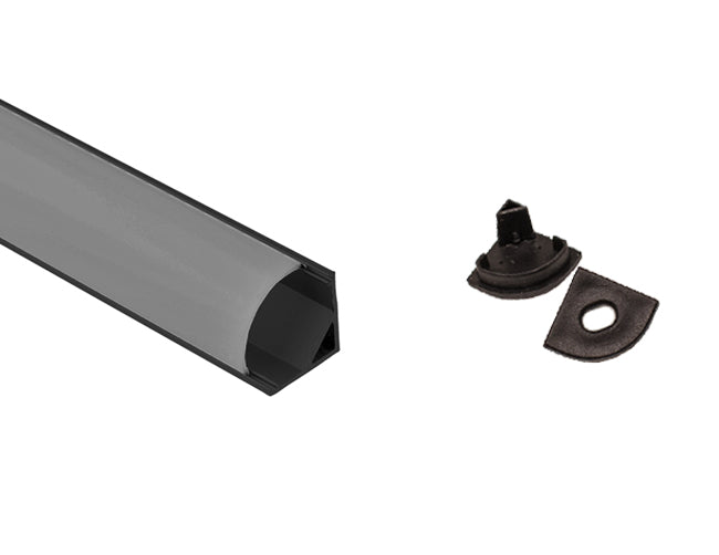 LED aluminum channel small round corner YD-1002 in black with a pair of black end caps.