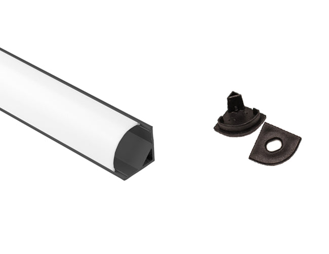 LED aluminum channel small round corner YD-1002 black channel and milky diffuser, with a pair of black end caps.