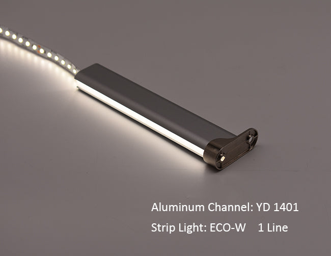 A section of LED aluminum channel YD-1401 with one line of lighted LED strip light inside.