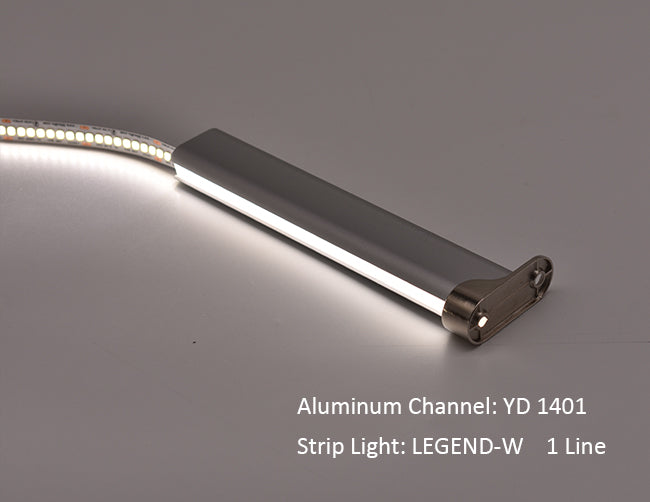 A section of LED aluminum channel YD-1401 with one line of lighted LED strip light inside.