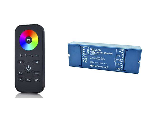 ZIP RGBW Remote Controller 4 Zones with its compatible receiver side by side.