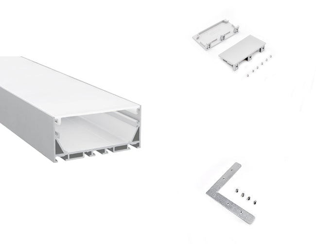 LED aluminum channel ES-7535 with a flat L-shaped corner connector and a pair of end caps.