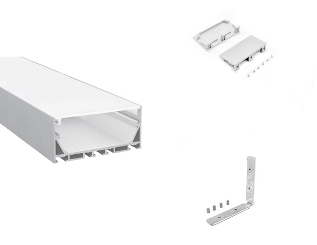 LED aluminum channel ES-7535 with a vertical L-shaped corner connector and a pair of end caps.