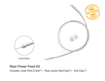 Red power feed kit includes a 2ft long lead wire, a rear power feed cap, and an end cap; a label of free shipping for orders over $500 is shown as well.