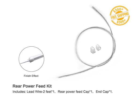 Red power feed kit includes a 2ft long lead wire, a rear power feed cap, and an end cap; a label of free shipping for orders over $500 is shown as well.