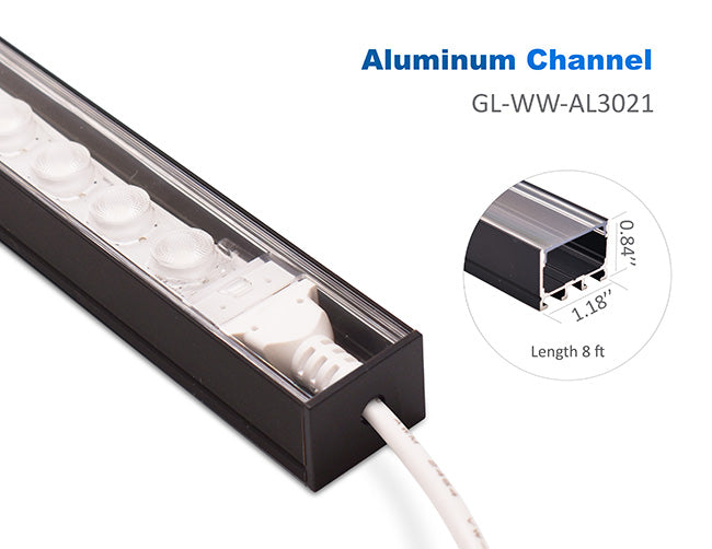 Aluminum channel ES-3021 hosts a GL LED wall washer linear light. The aluminum channel is 1.18" wide and 0.84" high. A standard length for each piece is 8ft.