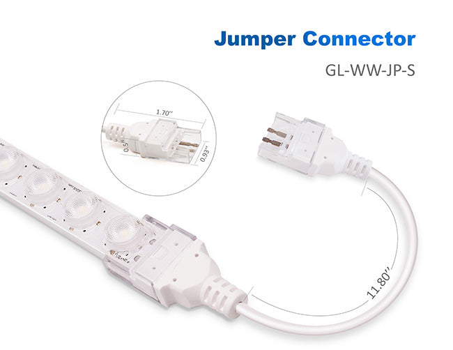 LED Wall Washer Strip Light Accessories Jumper Connector connected to a wall washer strip light. The jumper cable length is 11.8".  The jumper connector head is 1.7" in length, 0.93" in width, and 0.5" in height.