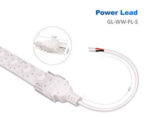 LED Wall Washer Strip Light Accessories power lead is connected to a wall washer strip light. The power lead cable length is 10.5". The power lead head is 1.7" in length, 0.93" in width, and 0.5" in height.
