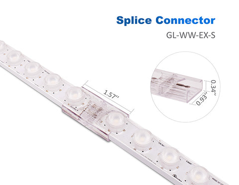 Two LED wall washer strip lights are connected by a splice connector. The length of the splice connector is 1.57", the width is 0.93", and the height is 0.34".