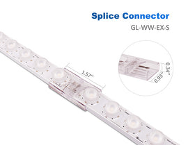 Two LED wall washer strip lights are connected by a splice connector. The length of the splice connector is 1.57", the width is 0.93", and the height is 0.34".