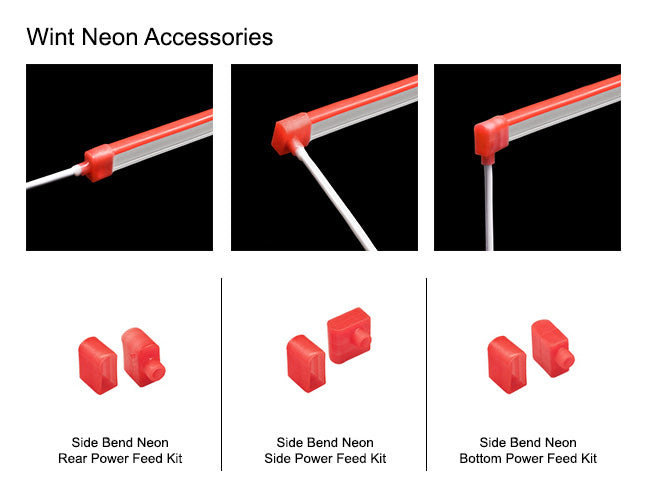 LED Side Bend Neon Light WINT - single color for Wet Location red jacket 24V light accessories include rear power feed kit in red color, side power feed kit in red color, and bottom power feed kit in red color.