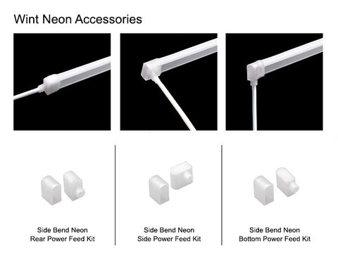 Three types of LED Side Bend Neon Light WINT Accessories - Power Lead Kit, including rear power feed kit, side power feed kit, and bottom power feed kit.